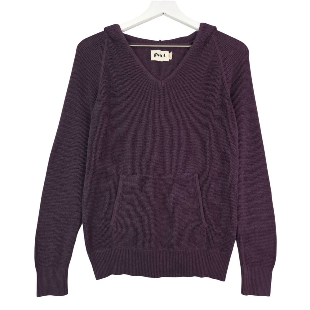 Pact Waffle Knit Hoodie Sweater Women Size M Plum Purple V-Neck Raglan